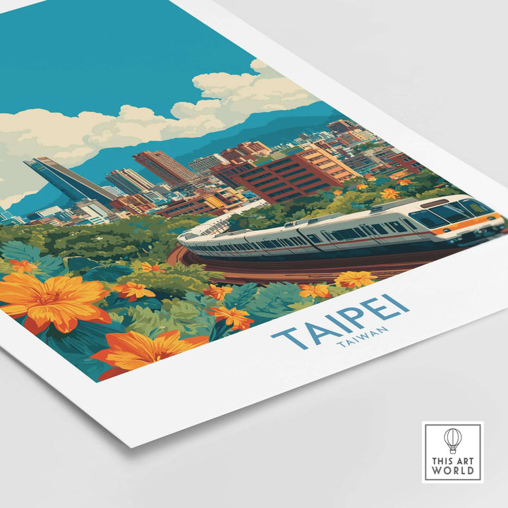 Taipei travel poster featuring the city skyline, vibrant flowers, and metro train in a modern art style.