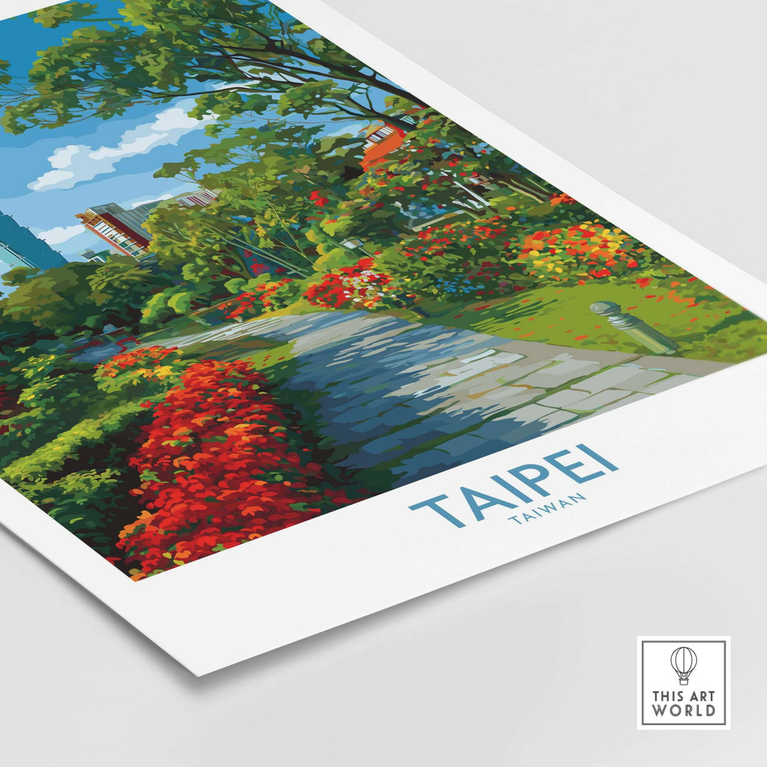 Taipei 101 Park view print featuring vibrant urban greenery and colorful flowers in a picturesque setting.