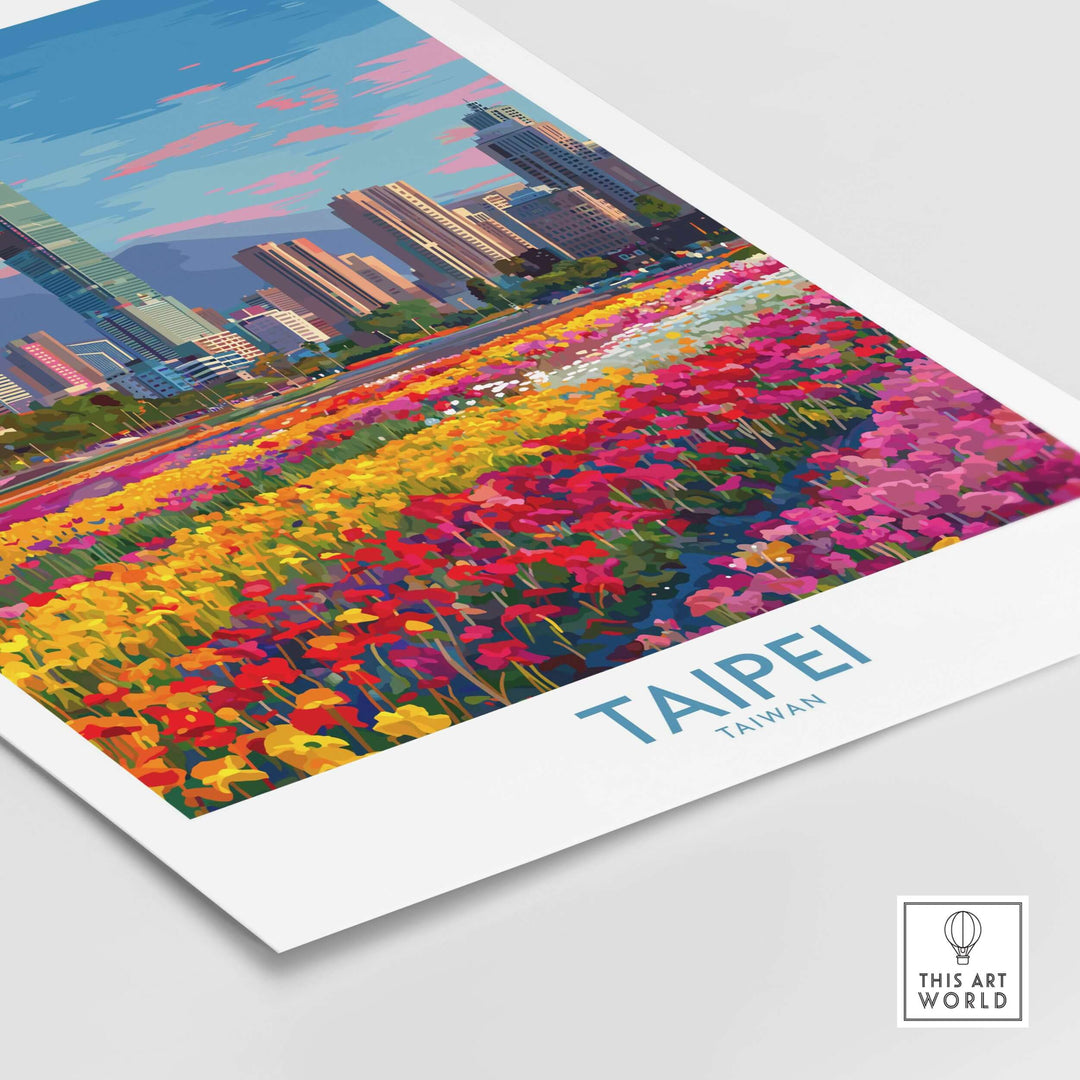 Taipei Taiwan poster featuring vibrant skyline and colorful flower fields, perfect for urban travel art enthusiasts.