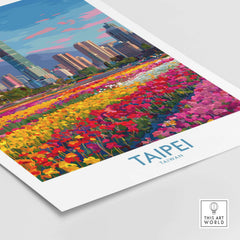 Taipei Taiwan Poster - Modern Urban Travel Print featuring vibrant flowers and a city skyline.