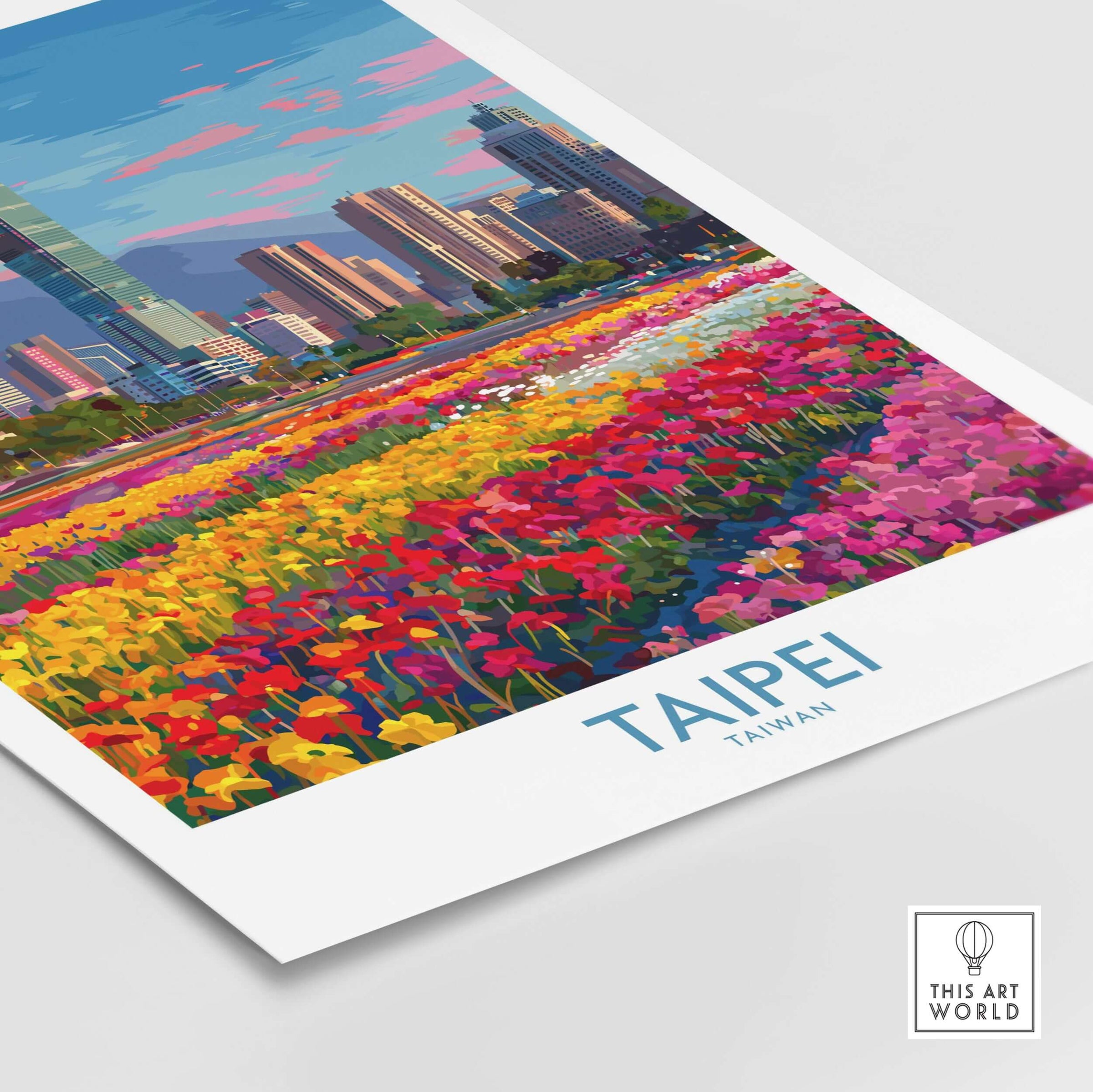 Taipei Taiwan Poster - Modern Urban Travel Print featuring vibrant flowers and a city skyline.