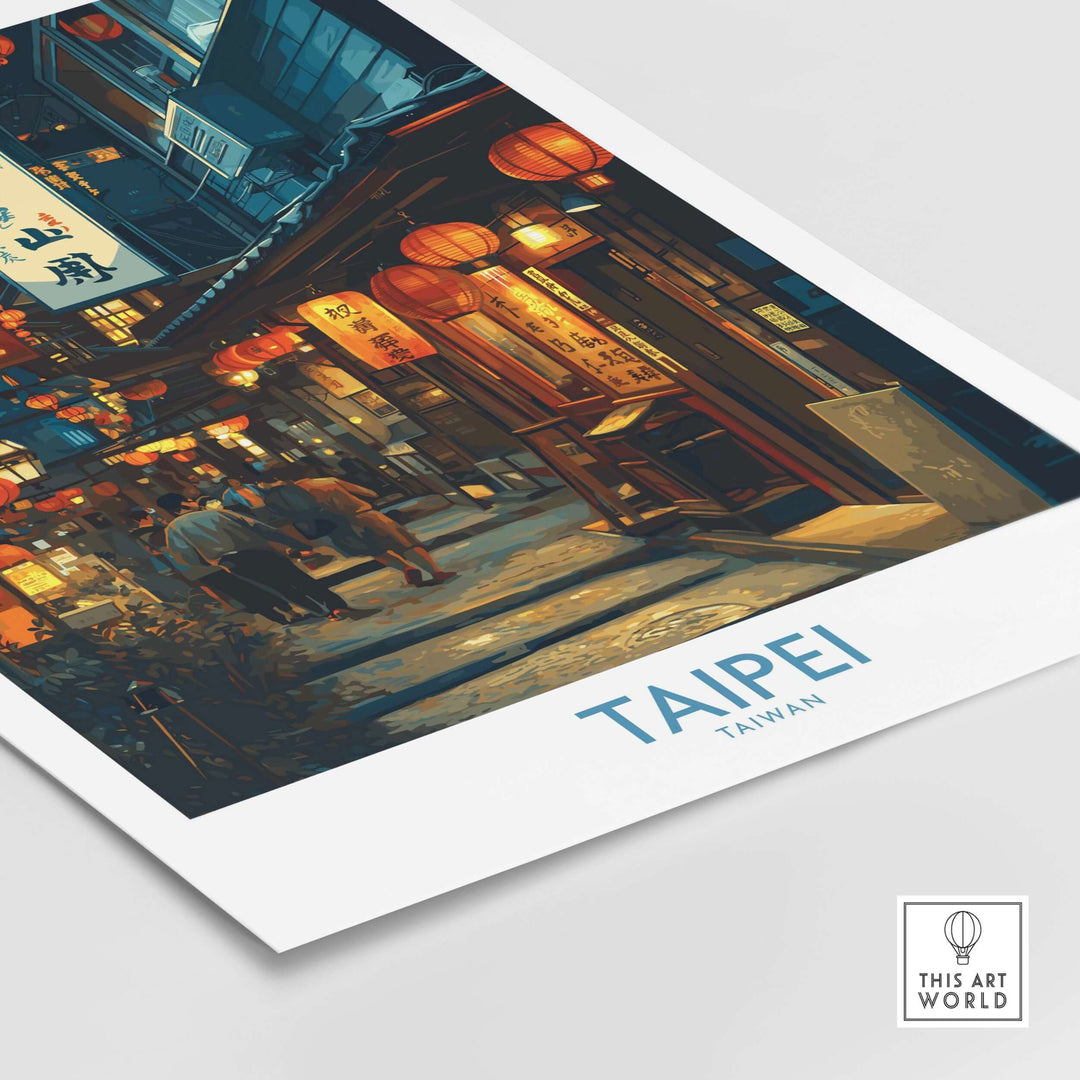 Taipei Taiwan illuminated market poster showcasing vibrant city life and colorful lanterns.