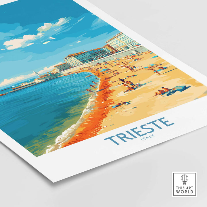 Trieste Italy travel poster showcasing beach and coastal architecture in vibrant colors.