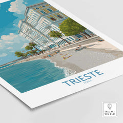 Trieste Print Italy Seafront Poster featuring a vibrant coastal view and elegant architecture.