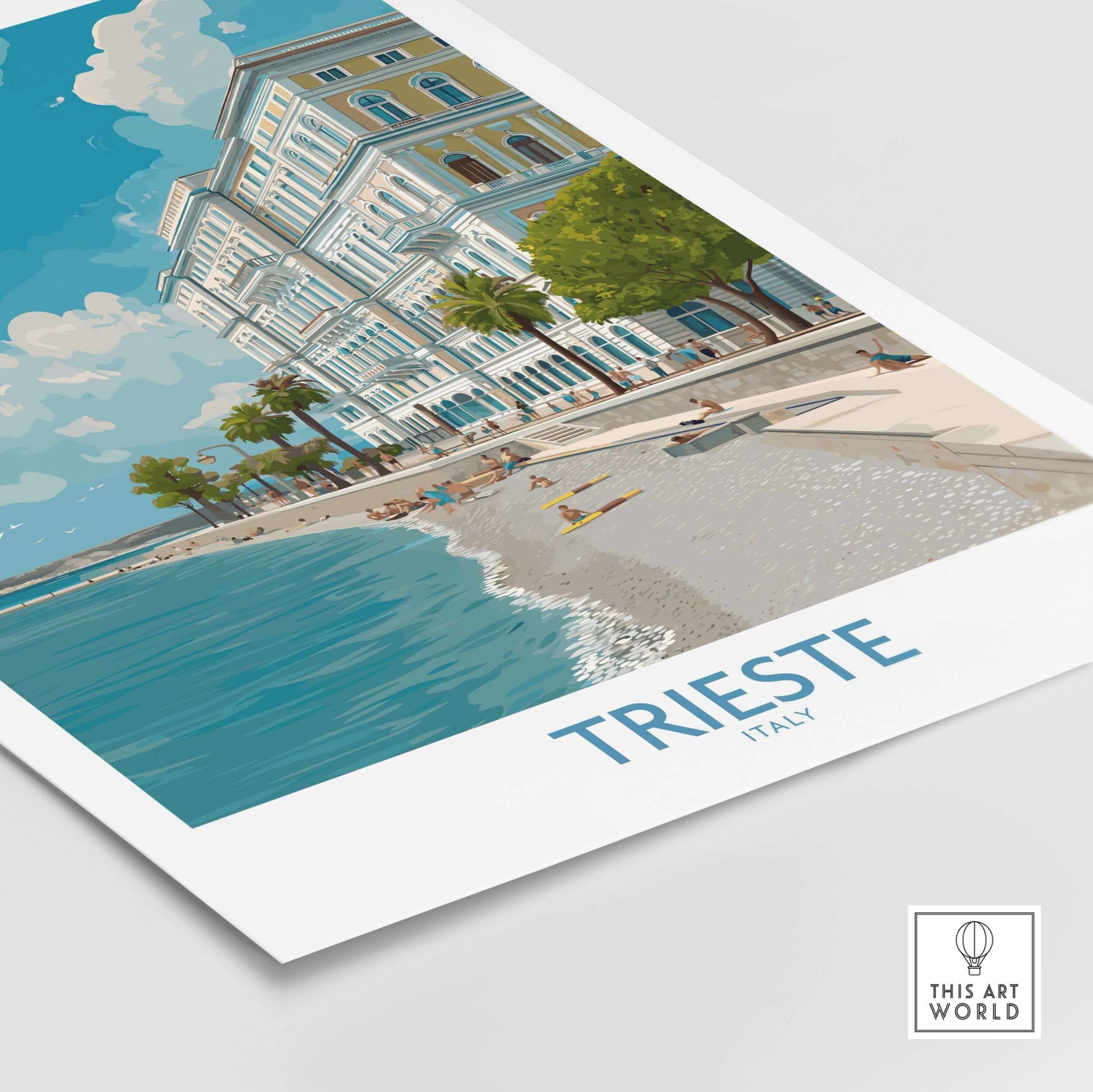 Trieste Print Italy Seafront Poster featuring a vibrant coastal view and elegant architecture.