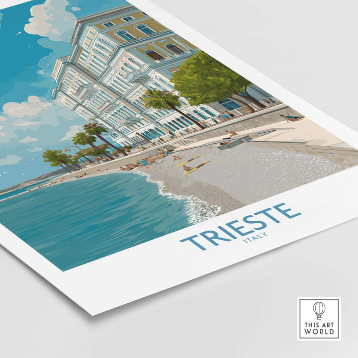Trieste print poster depicting Italy's seafront with beautiful coastal scenery and architecture.