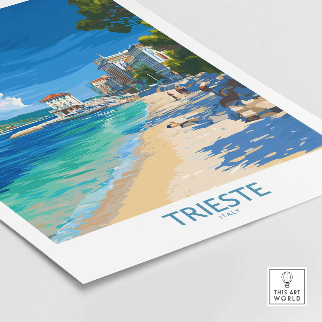 Trieste Italy beach poster depicting a vibrant coastal scene with clear waters and beautiful architecture.