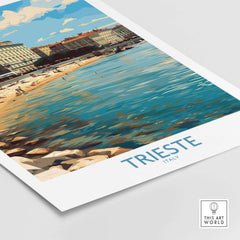 Trieste Italy Wall Art - Italian Travel Poster showcasing the coastline and historic buildings of Trieste.