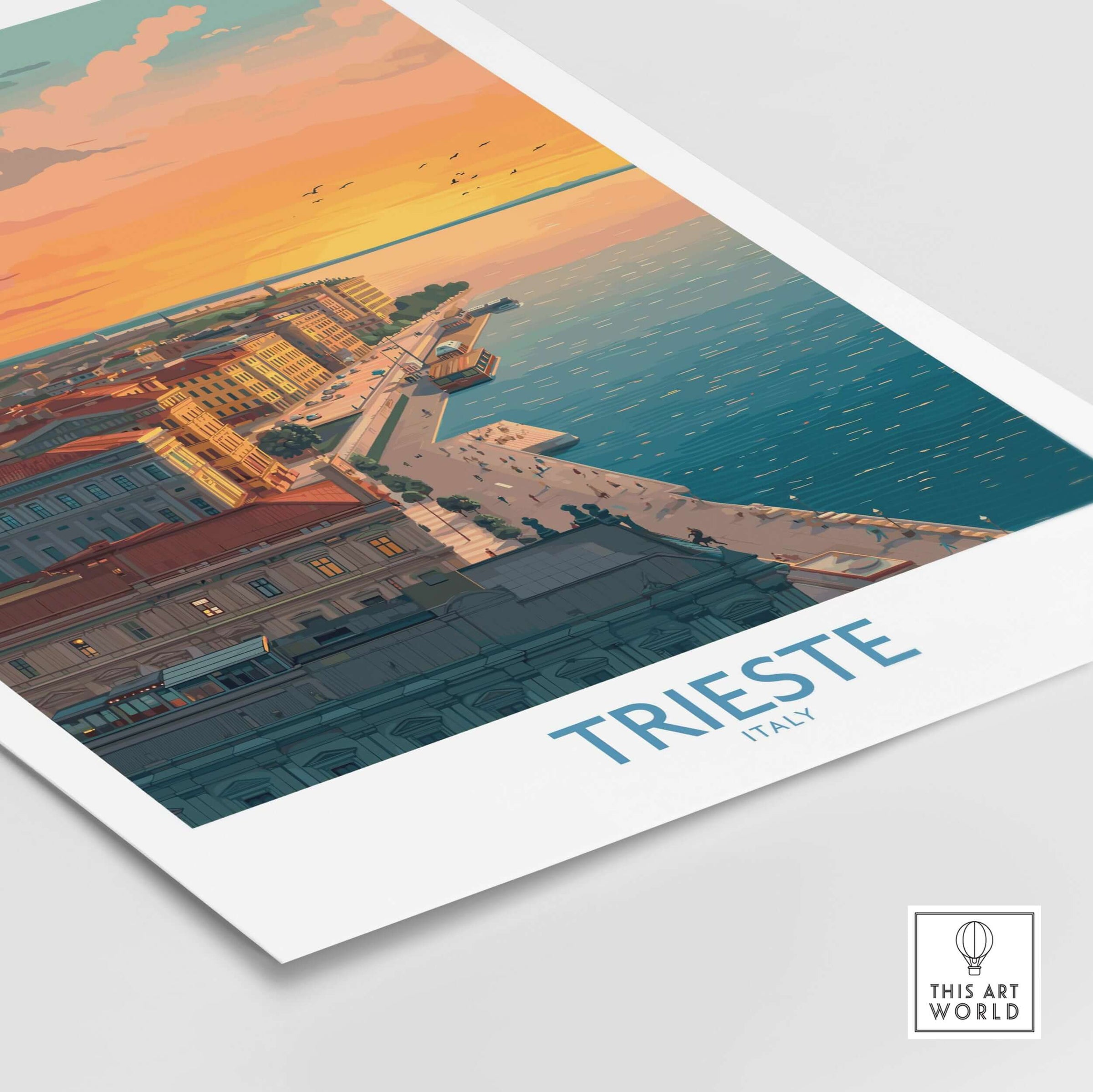 Trieste Italy Wall Art - Italian Evening Poster depicting a serene waterfront at dusk with warm hues.
