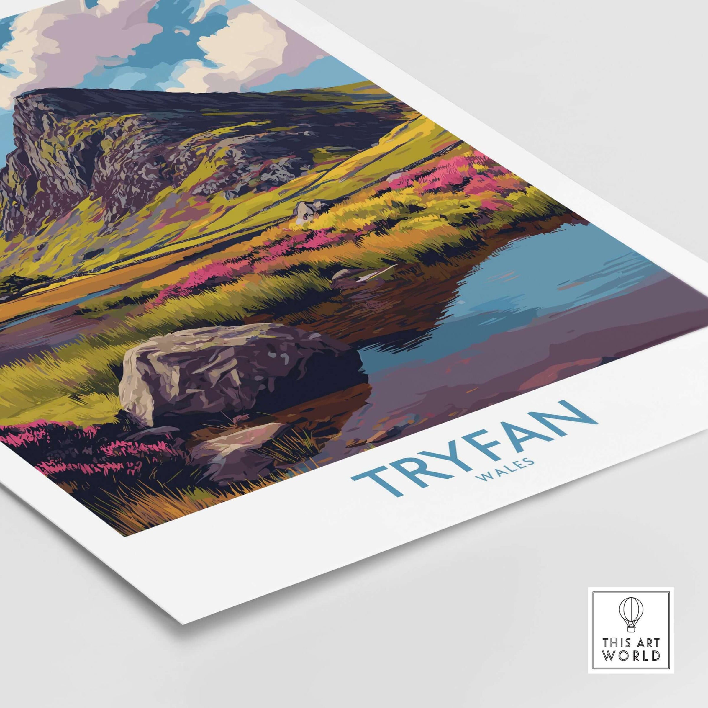 Tryfan Wales Heather Fields Peak Poster - Welsh Wilderness Decor featuring vibrant heather and rugged peaks.