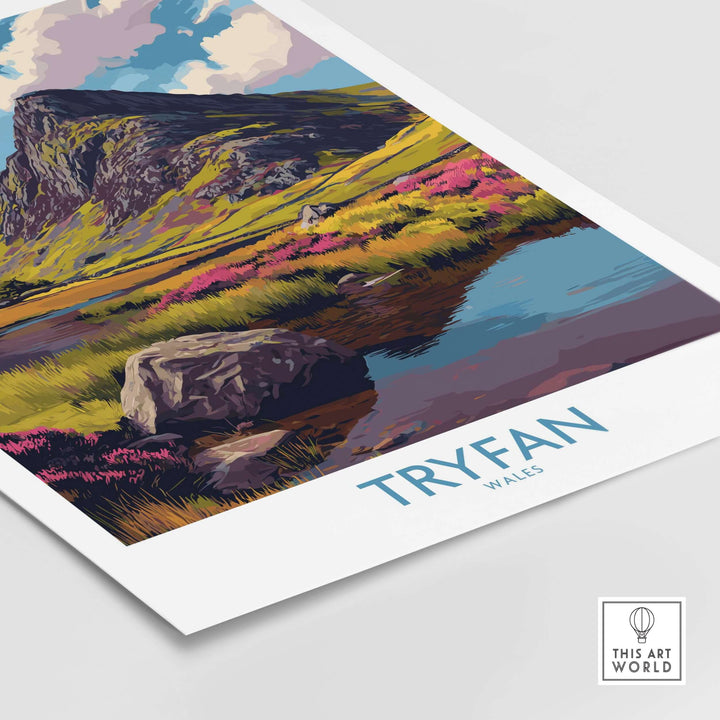 Vibrant Tryfan Wales poster featuring heather fields and rugged peaks, ideal for Welsh wilderness decor.