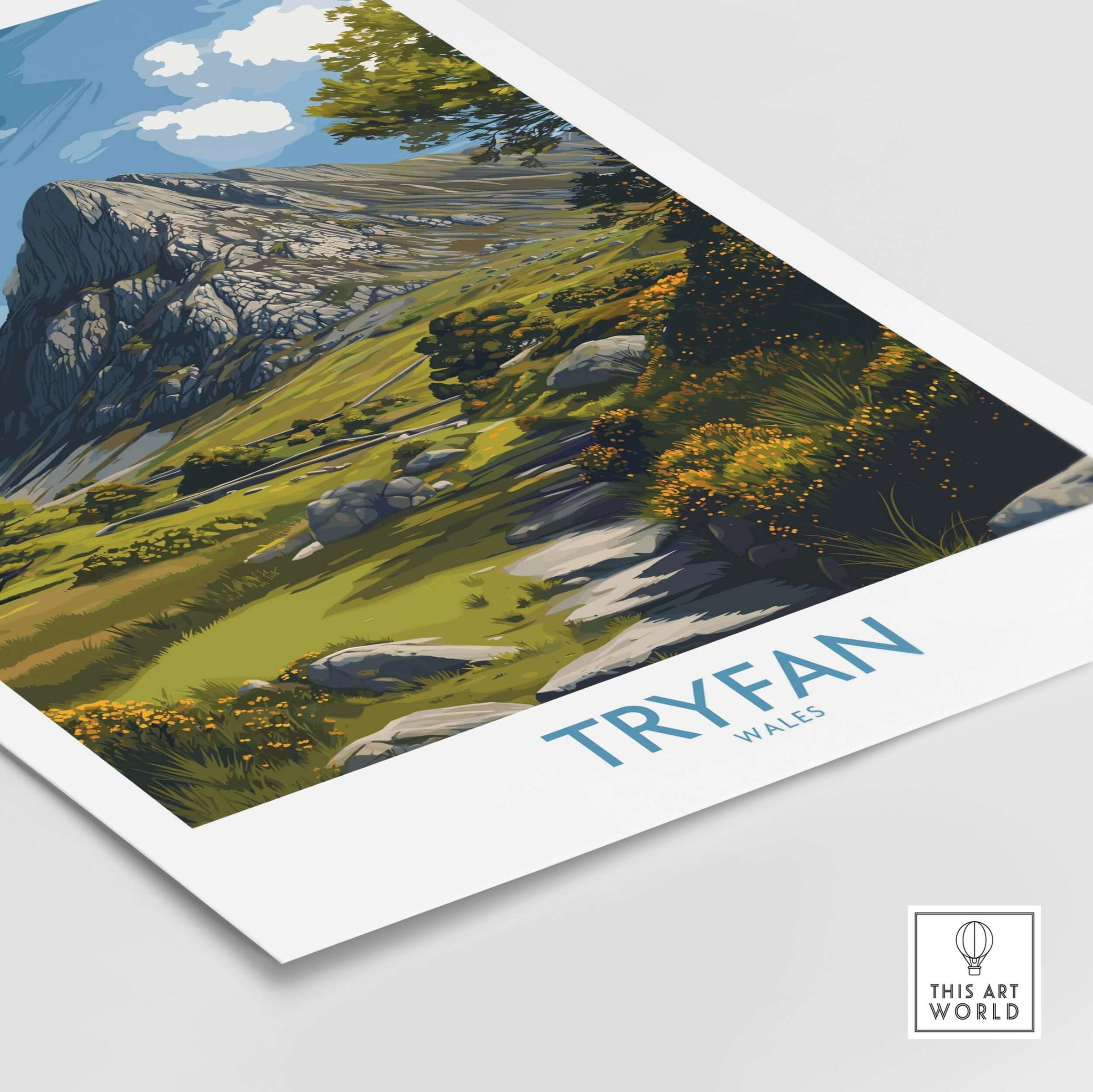 Tryfan Wall Art Wales Hiking Trail - Snowdonia National Park Decor featuring a scenic view of Welsh landscapes.