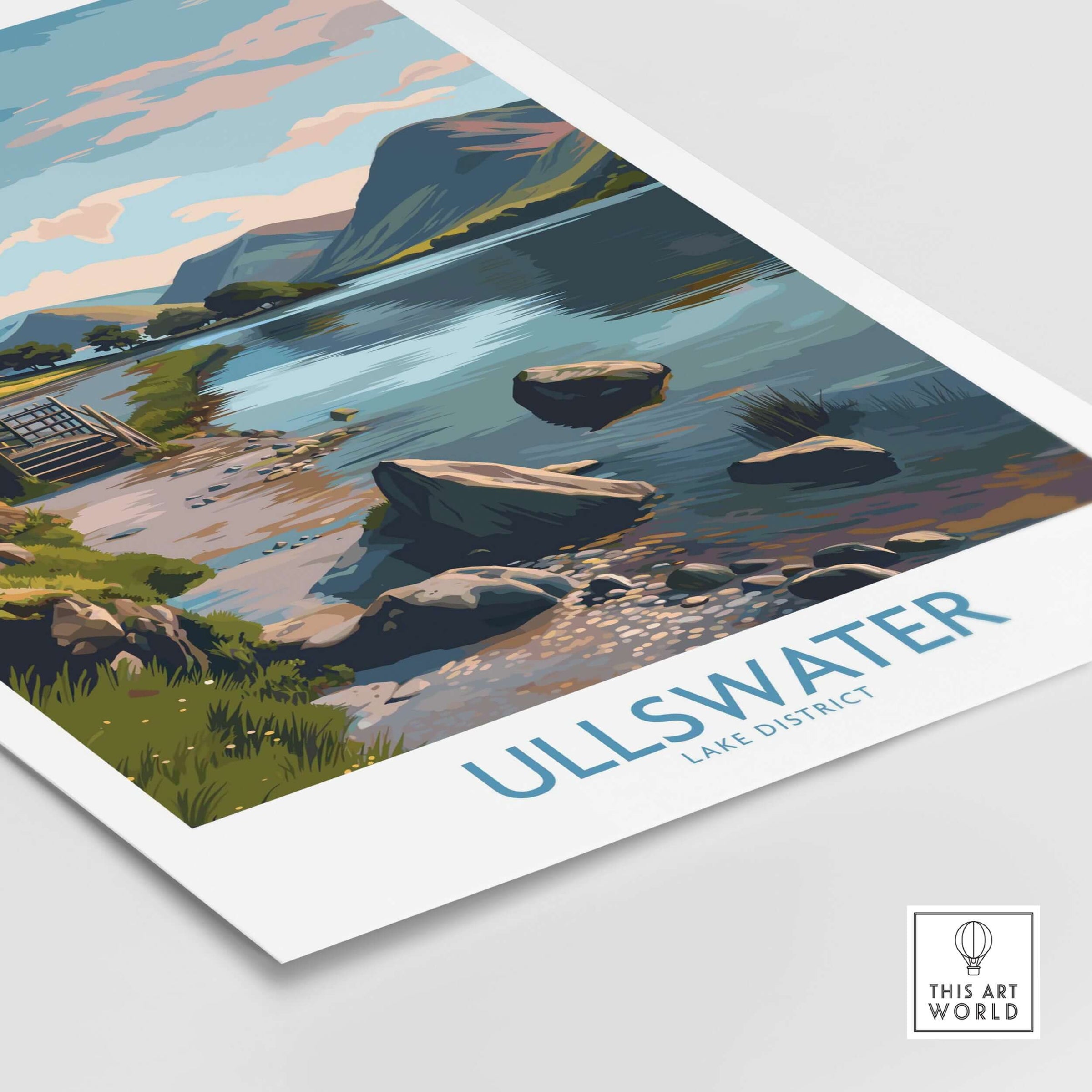 Ullswater Lake District Mountain Vista Poster - UK Hiking Trail Decor depicting scenic mountains and peaceful lake.
