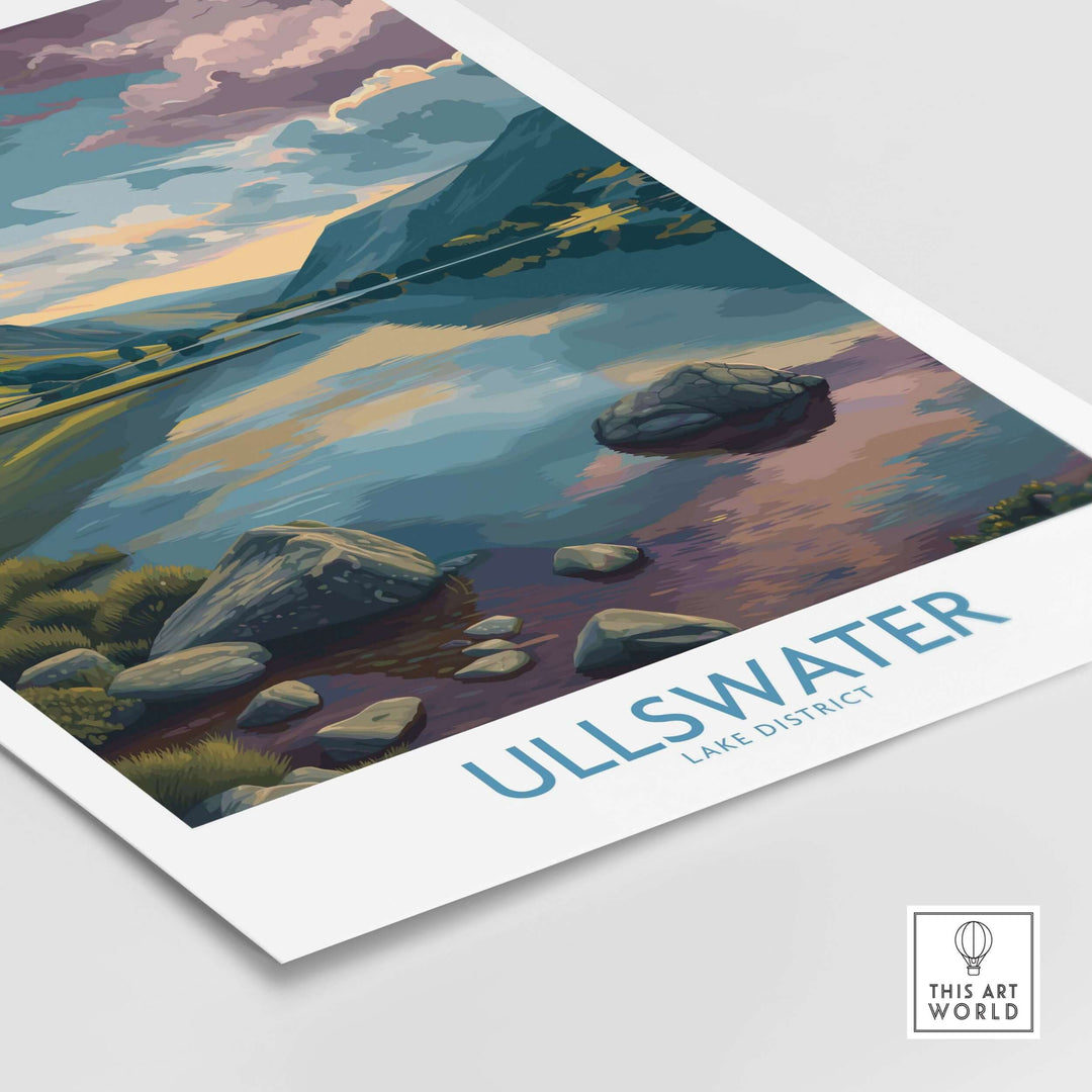 Ullswater Lake District poster showcasing a tranquil lake view and scenic landscapes in vibrant colors.