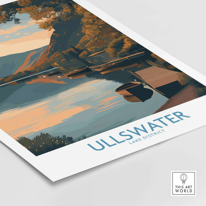 Ullswater Lake District boat moorings wall art featuring sunset over still waters, showcasing English countryside decor.