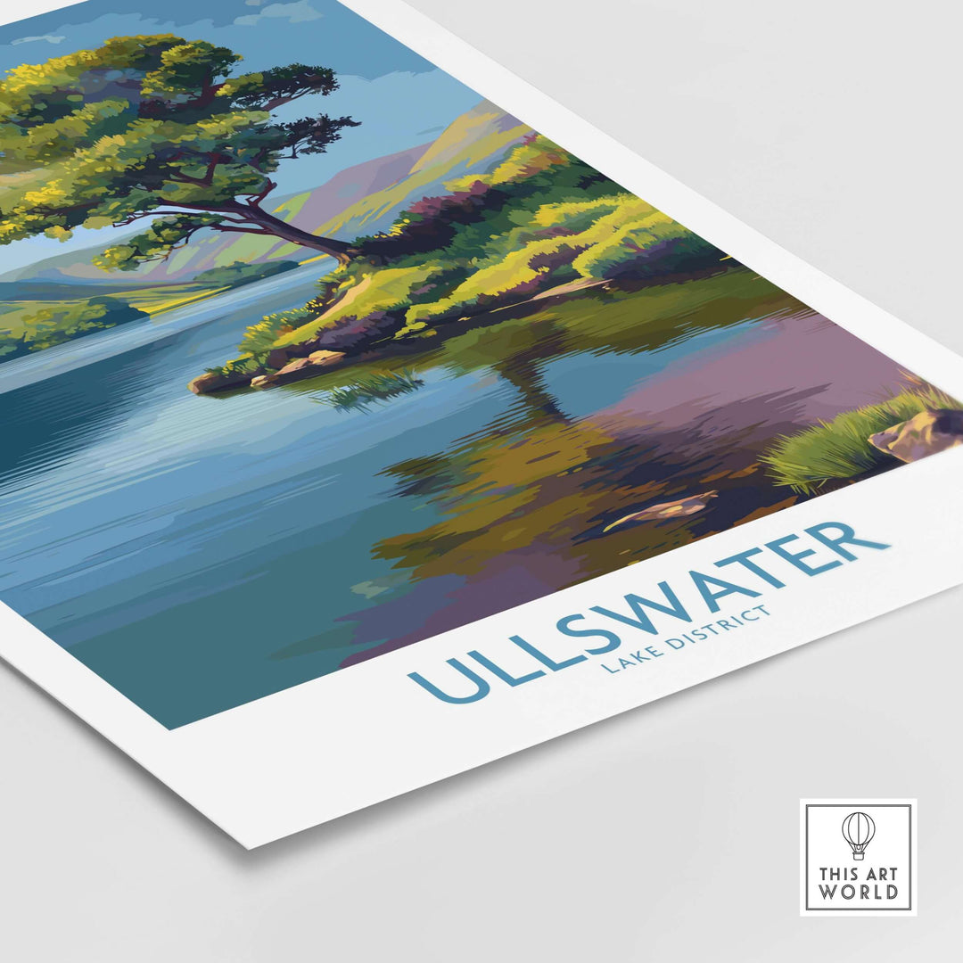 Ullswater Lake District poster showcasing a serene lakeside scene with lush greenery and mountains.