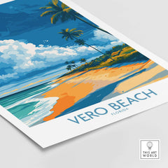 Vero Beach Sunny Coastal Landscape Print - Florida Travel Decor featuring vibrant beach scene with palm trees.