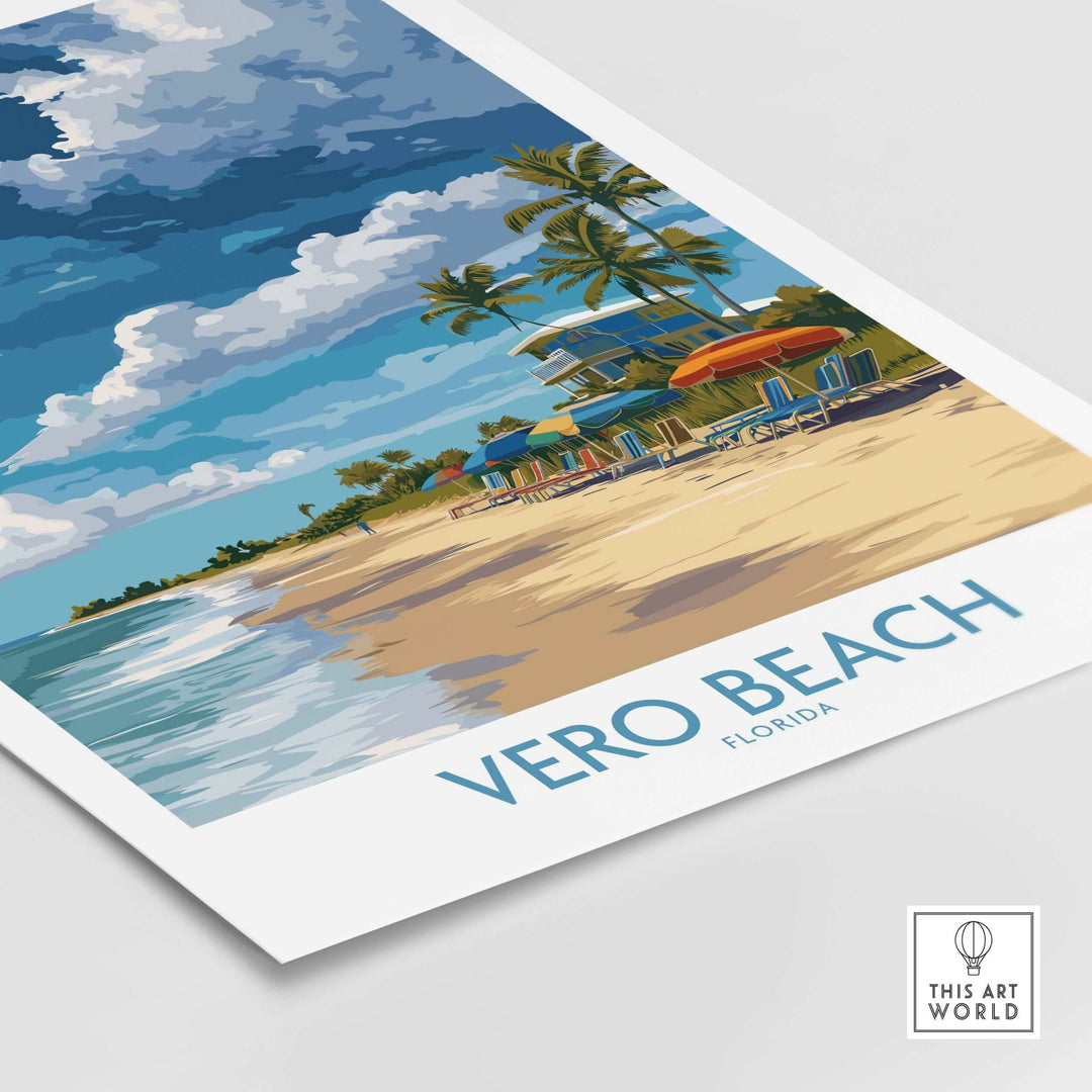 Vero Beach poster featuring sunny umbrellas and loungers, capturing vibrant Florida beach life.