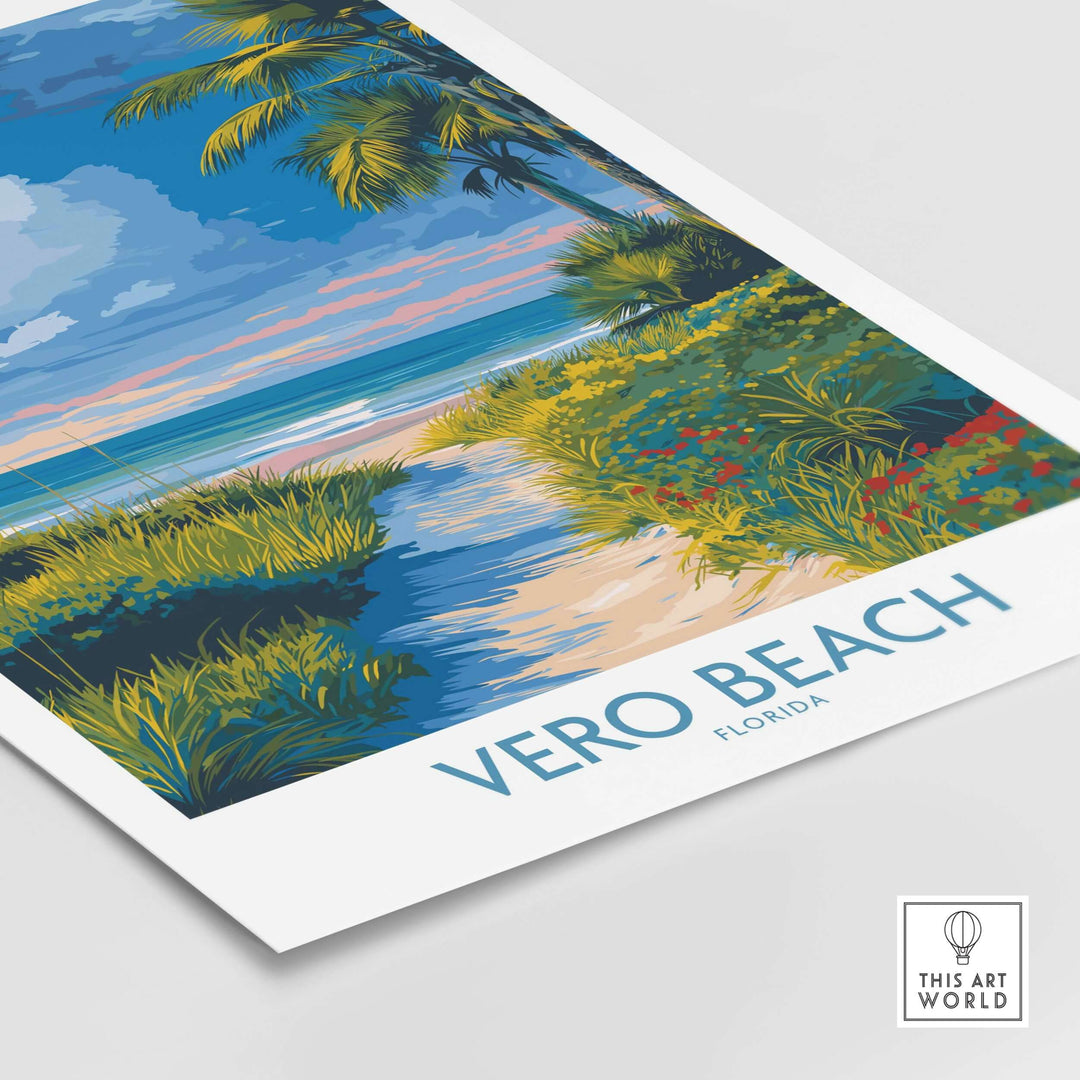 Vero Beach ocean view poster depicting a colorful Florida landscape with palm trees and a sunset.
