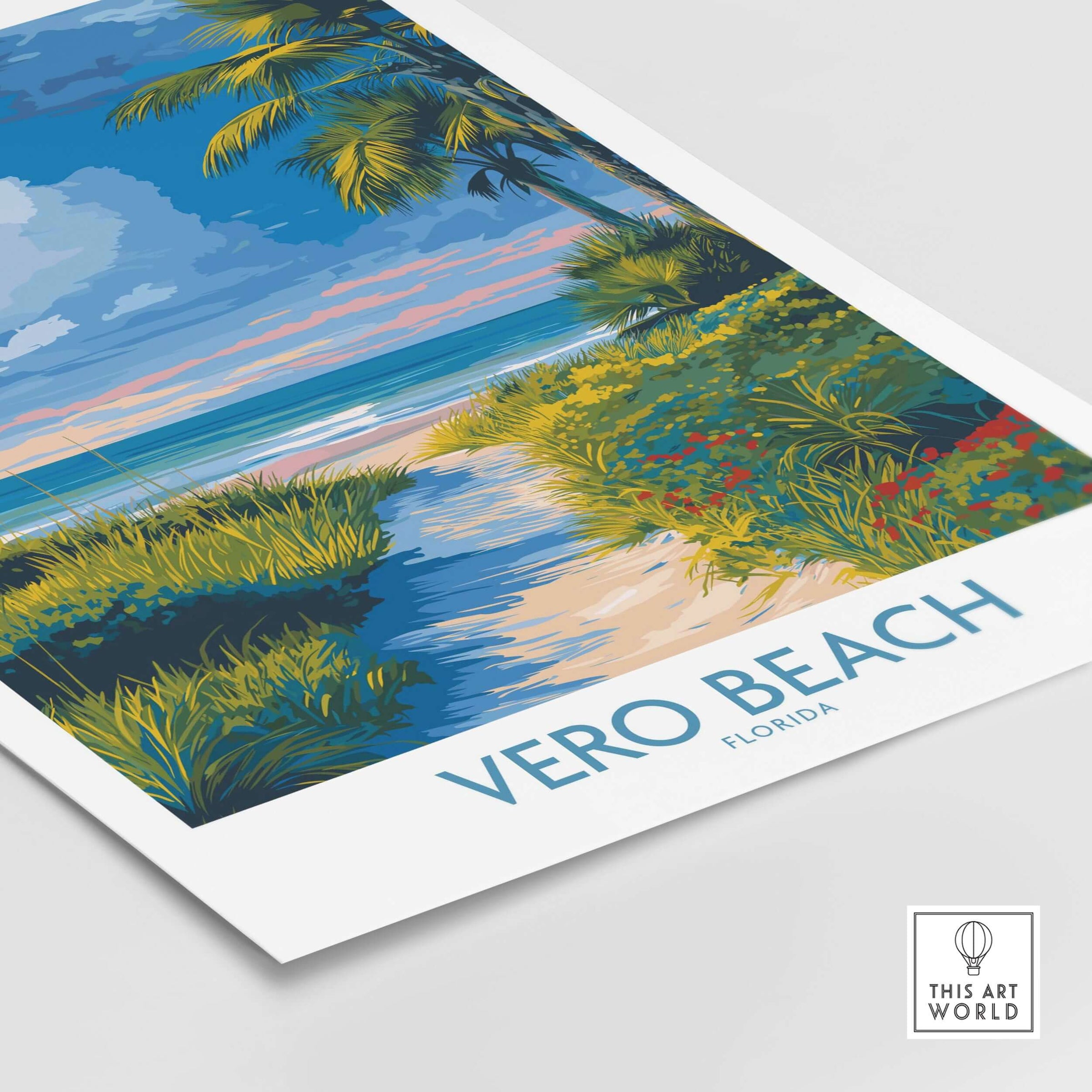 Vero Beach Ocean View Poster - Florida Nature Decor showcasing vibrant coastal scenery and sunset colors.