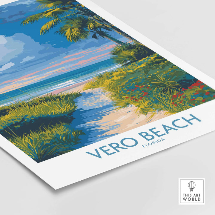Vero Beach ocean view poster depicting a colorful Florida landscape with palm trees and a sunset.