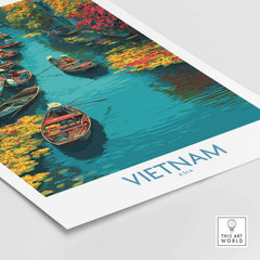 Vietnam Poster - Southeast Asia Travel Print featuring colorful boats on a serene waterway surrounded by vibrant flora.