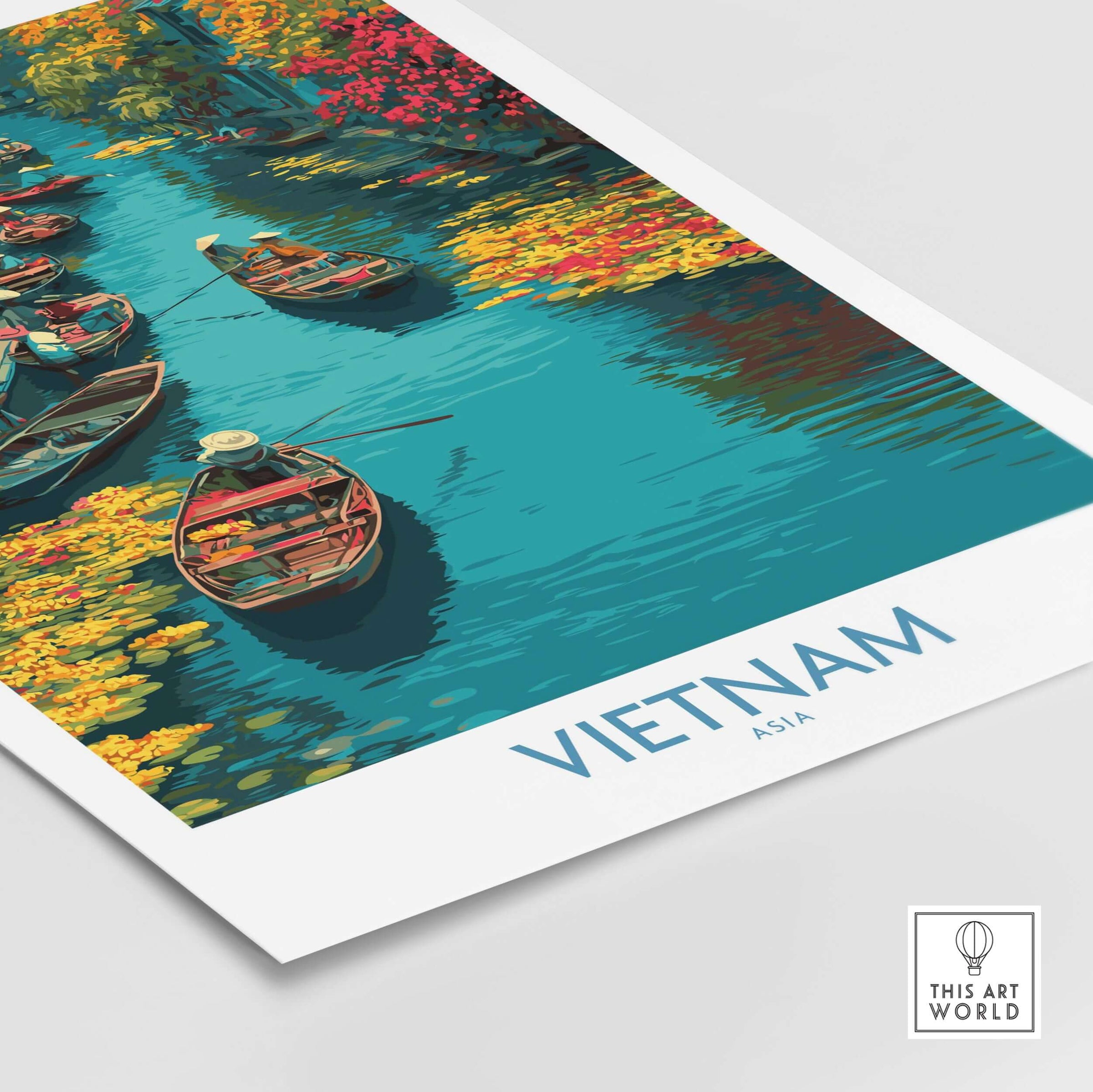 Vietnam Poster - Southeast Asia Travel Print featuring colorful boats on a serene waterway surrounded by vibrant flora.