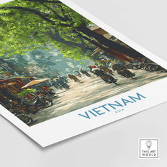 Vietnam Print - Traditional Asian Scene Wall Art showcasing a bustling street in Vietnam with trees and motorcycles.