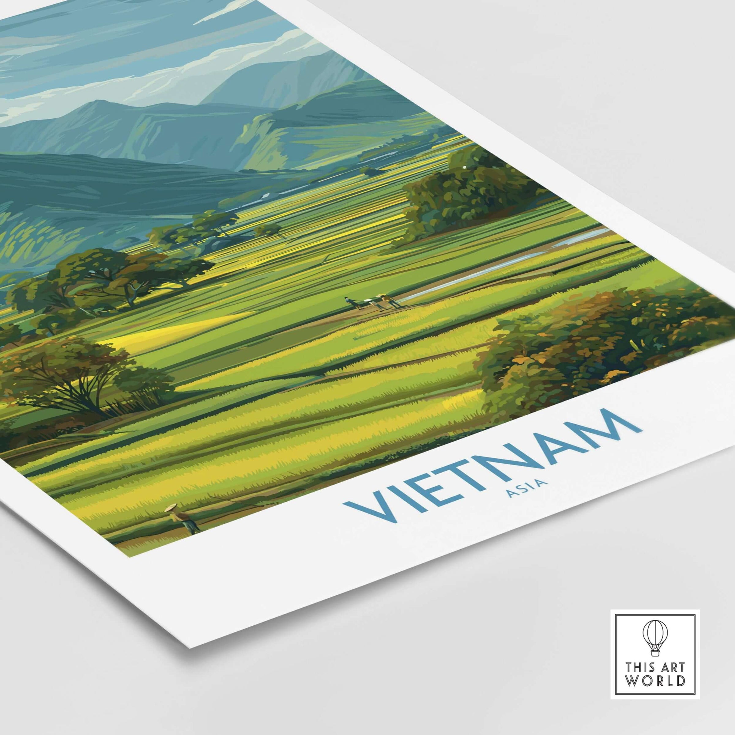 Vietnam Wall Art - Vietnamese Countryside Travel Print featuring lush green landscapes of Vietnam.