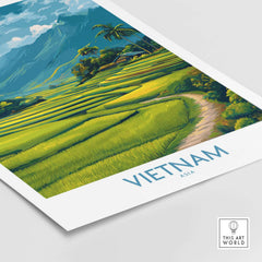 Vietnam Art Print - Southeast Asian Nature Poster featuring vibrant green rice terraces and mountains.