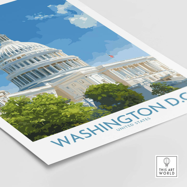 Washington D.C. Capitol Hill poster featuring the Capitol building and vibrant greenery, perfect for decor lovers.