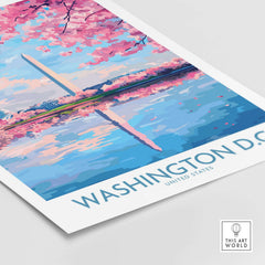 Washington D.C. Wall Art - Travel Print showcasing cherry blossoms and the Washington Monument reflection.