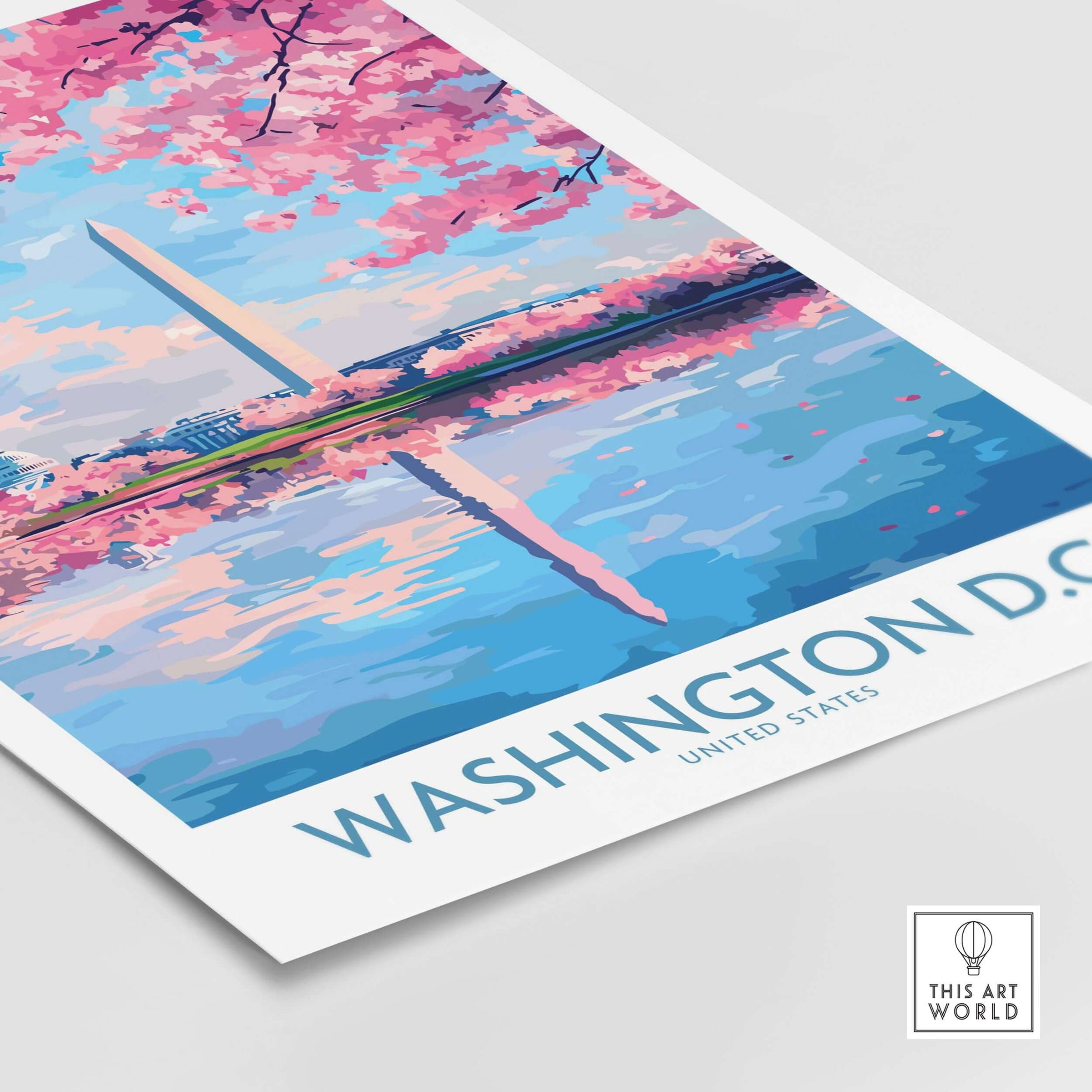 Washington D.C. Wall Art - Travel Print showcasing cherry blossoms and the Washington Monument reflection.