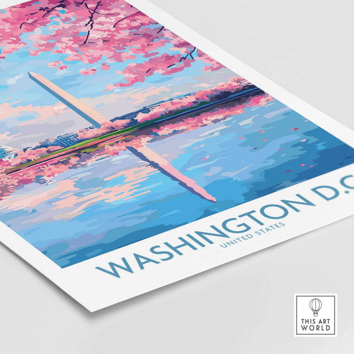Washington D.C. travel wall art print featuring cherry blossoms and the Washington Monument reflection.