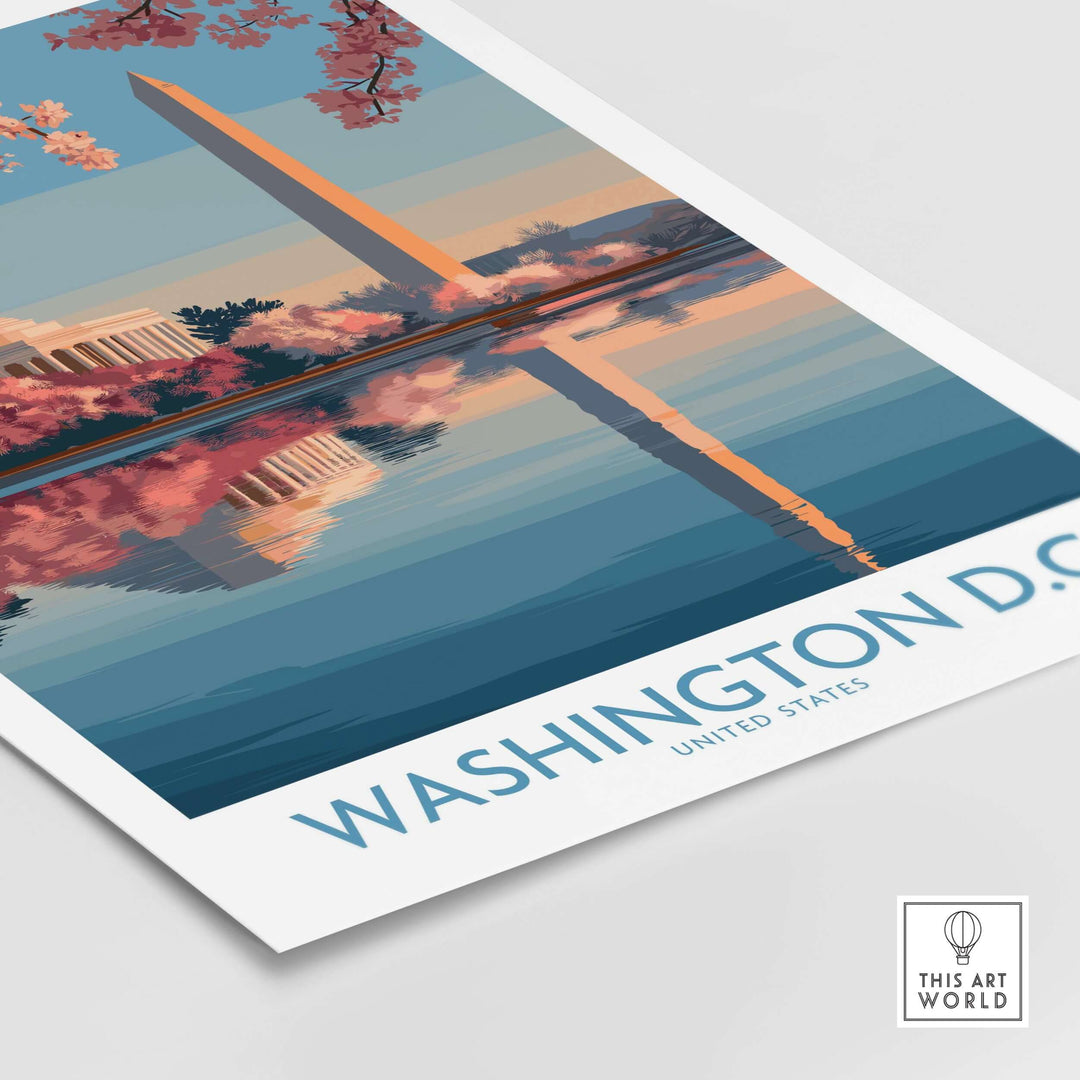 Washington D.C. Cherry Blossom Poster showcasing iconic landmarks with pink blooms reflecting in water.