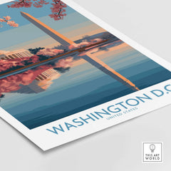 Washington D.C. Cherry Blossom Poster showcasing cherry blossoms and iconic landmarks reflecting in water.
