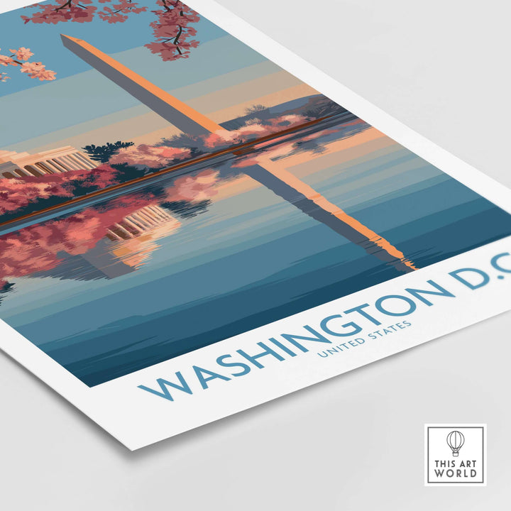 Washington D.C. Cherry Blossom Poster showcasing iconic landmarks with pink blooms reflecting in water.