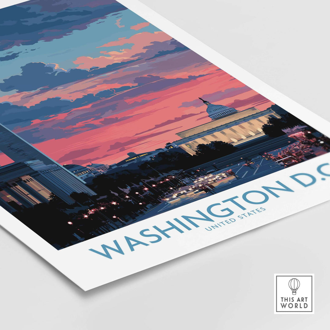 Vibrant Washington D.C. urban sunset print featuring iconic skyline and warm hues.