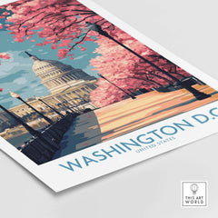 Washington D.C. US Capitol Wall Art - American Decor with cherry blossoms and Capitol building illustration.