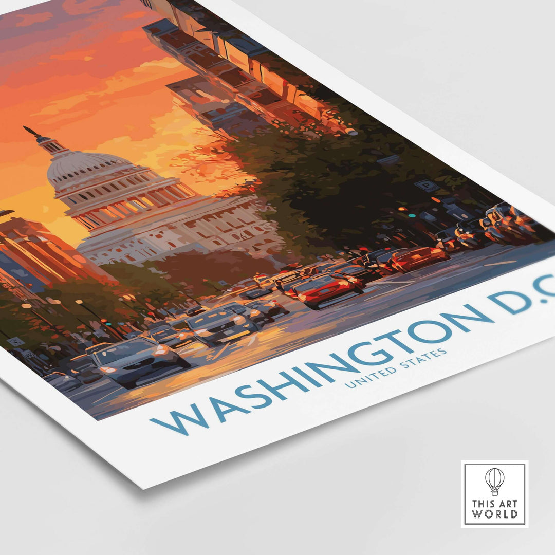 Washington D.C. cityscape poster featuring the US Capitol at dusk, vibrant colors and urban energy.