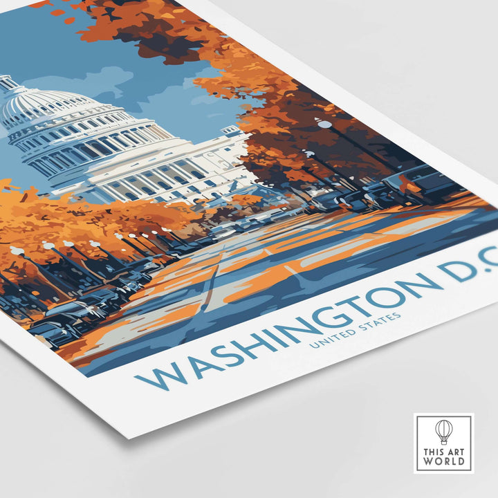 Washington D.C. Capitol Building poster showcasing vibrant fall trees and cityscape. Historic decor for art lovers.