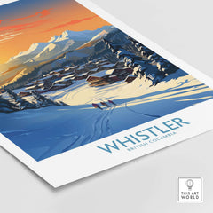 Whistler Wall Art Ski Poster showcasing a vibrant snow-covered landscape in British Columbia, perfect for home decor.