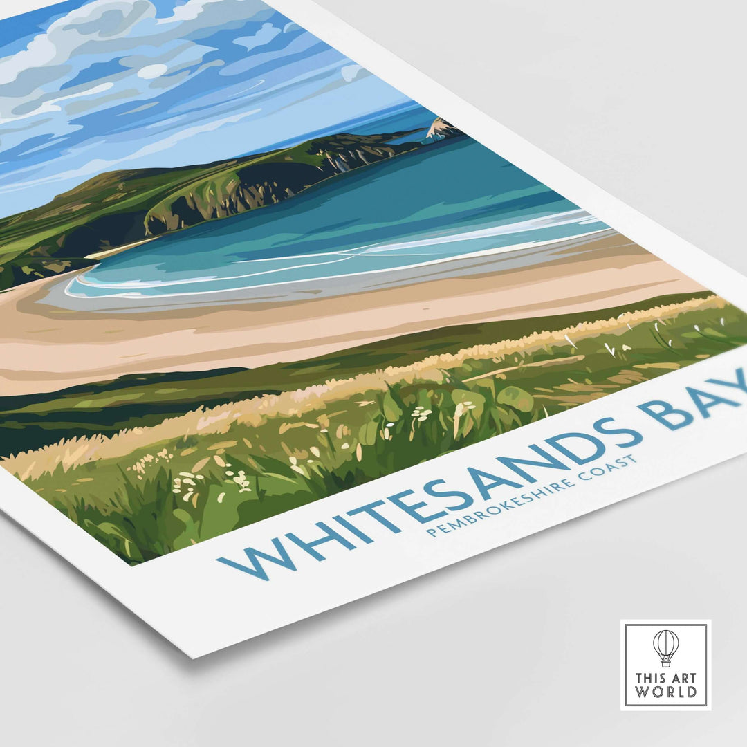 Whitesands Bay St David's Peninsula print showcasing sandy beach and vibrant coastline in Wales, perfect for travel decor.