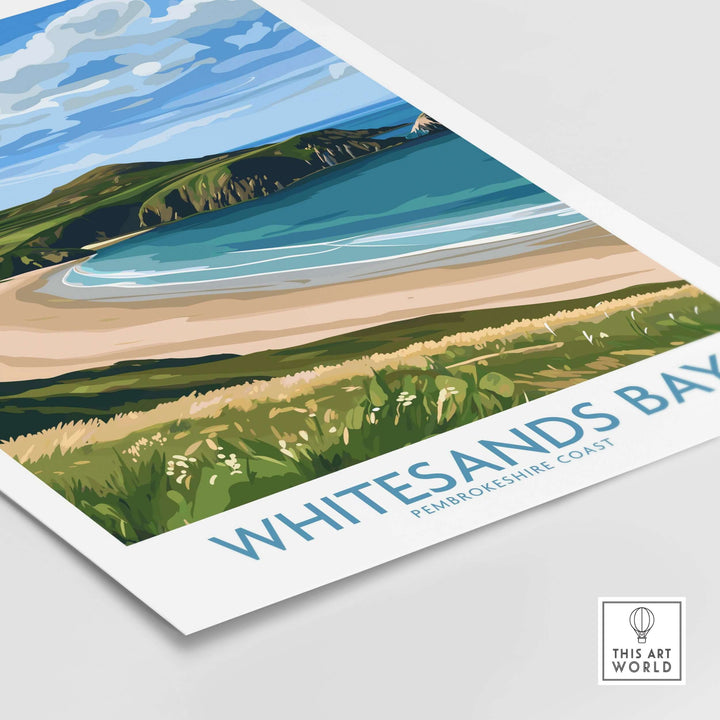 Whitesands Bay St David's Peninsula print showcasing sandy beach and vibrant coastline in Wales, perfect for travel decor.