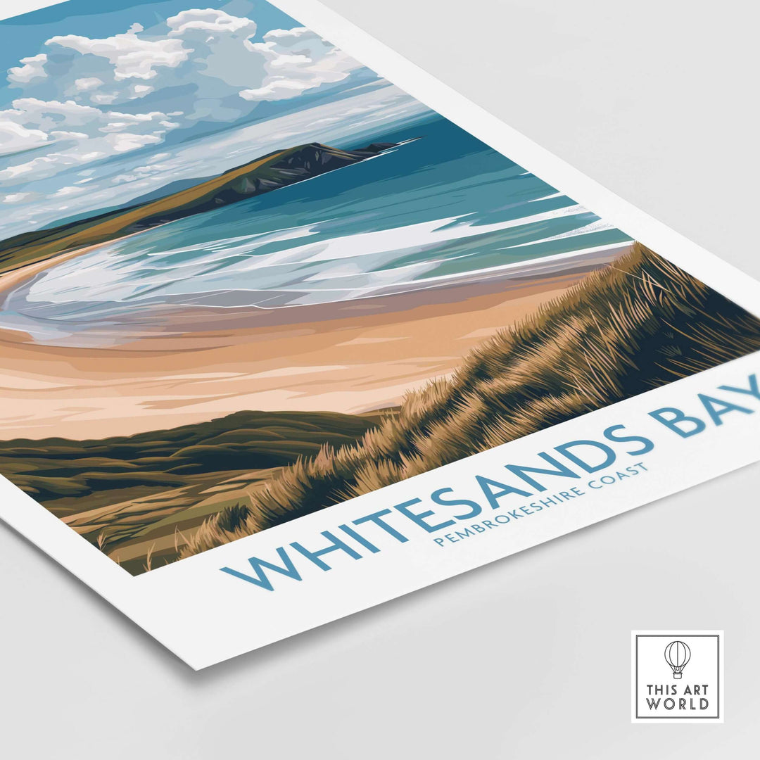 Whitesands Bay Pembrokeshire poster showcasing grassy dunes and coastal scenery perfect for decor.