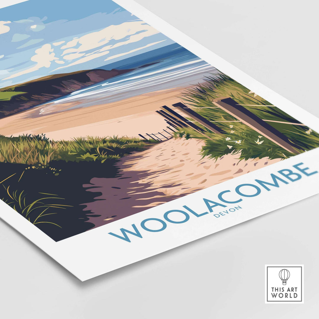 Woolacombe Devon Dunes to Ocean poster featuring a sandy path to the beach, perfect for English seaside decor.