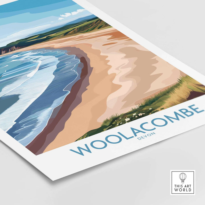Woolacombe Devon coastal cliffs wall art featuring crashing waves and sandy beach in vibrant colors.