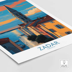 Zadar Croatia Sunset Bell Tower Art Print | Old Town Seascape Poster showcasing a vibrant sunset over Zadar's historic architecture.
