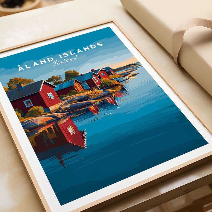 Åland Islands Print | Scandinavian Travel Home Art showcasing vibrant red cabins by the serene waters of Åland Islands.