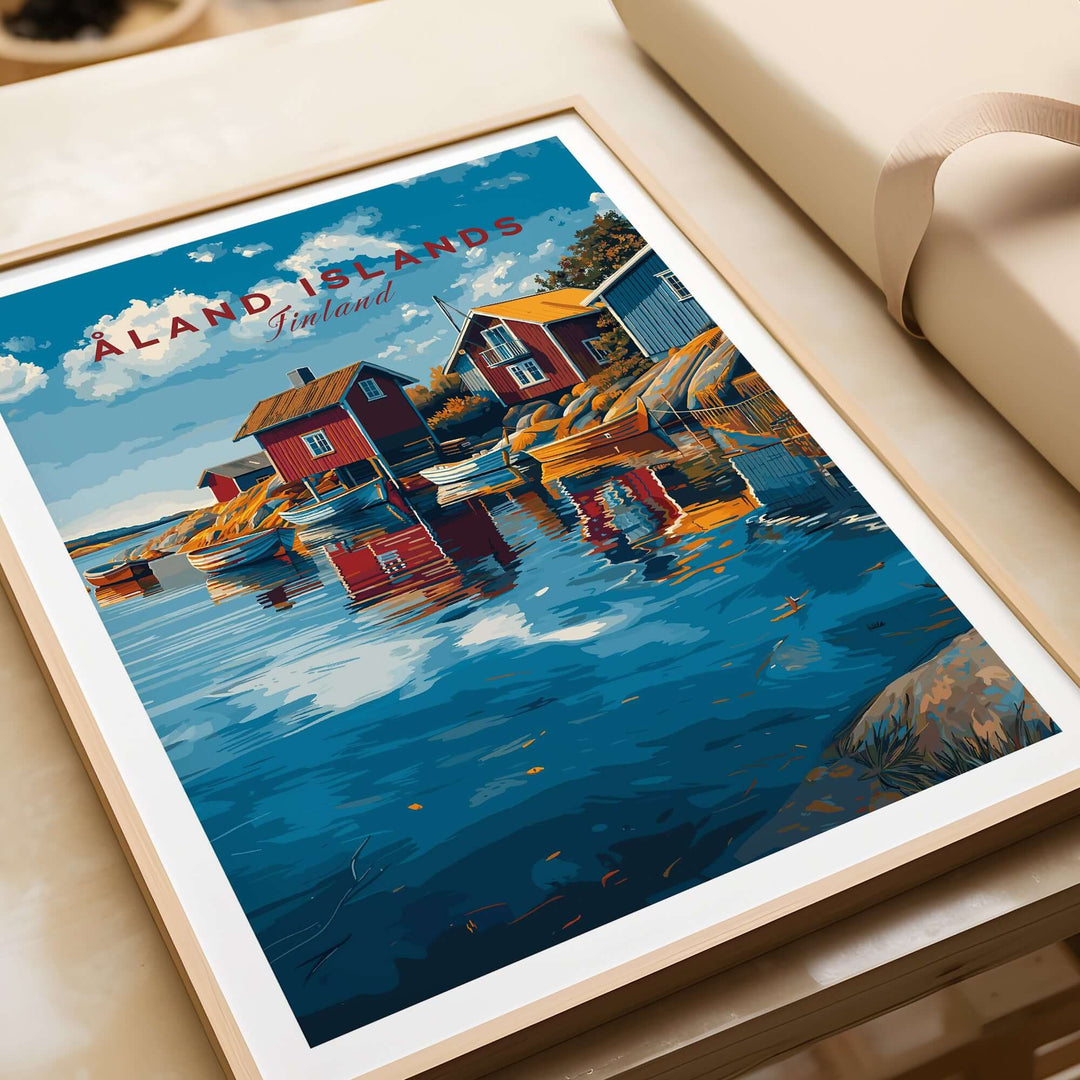 Åland Islands Poster | Scandinavian Sea Wall Decor featuring serene coastal scene with colorful houses and reflections.